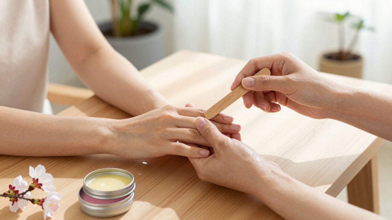 Pessoa a cuidar das unhas de outra com espátula de madeira, numa mesa com vela e flores.