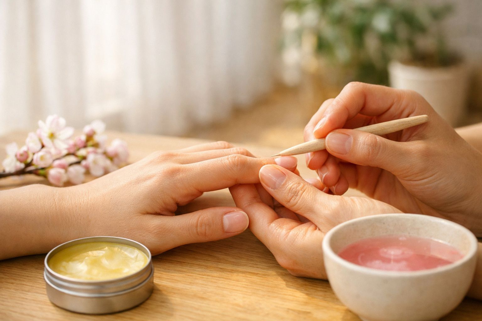 Pessoa a cuidar das unhas de outra com utensílio de cutícula, ao lado de creme e tigela de água rosa.