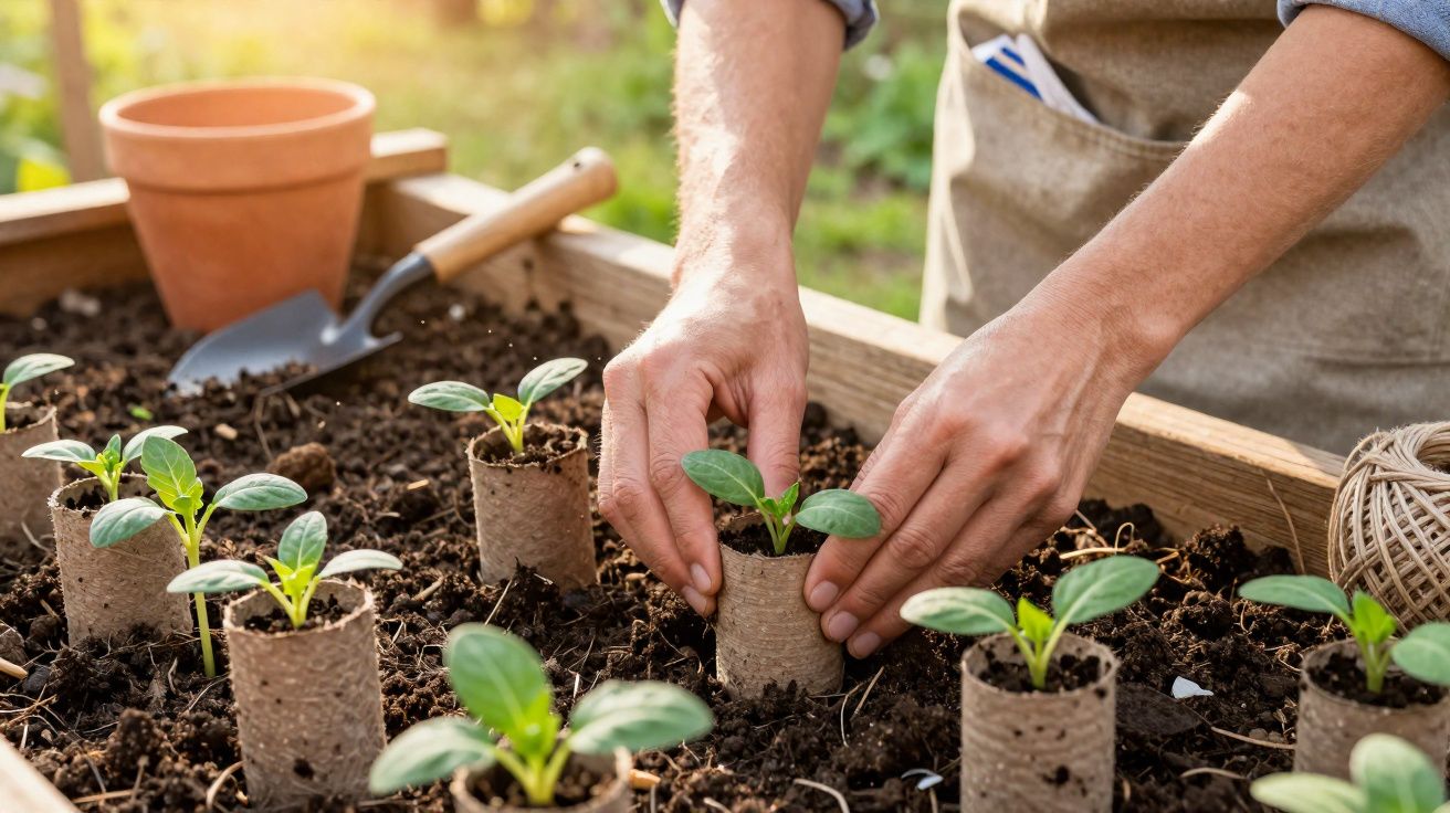 Mãos plantando mudas em pequenos vasos biodegradáveis numa caixa de madeira com terra fértil no jardim.
