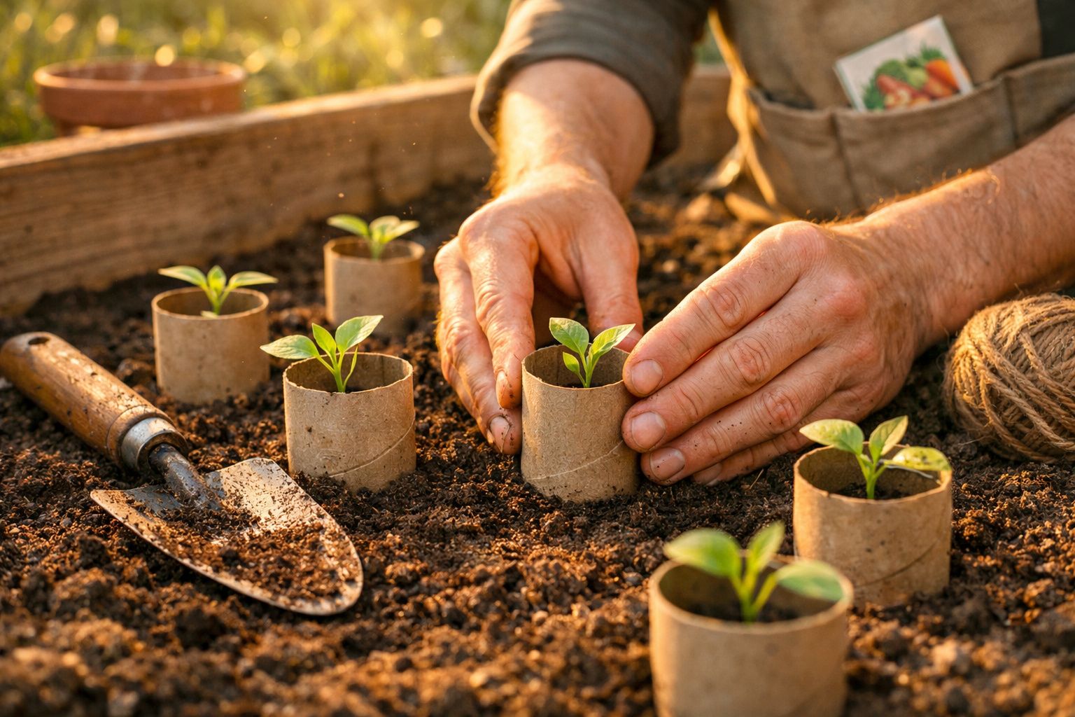 Mãos a plantar pequenas plantas em vasos biodegradáveis no solo, com enxada e bola de fio ao lado.