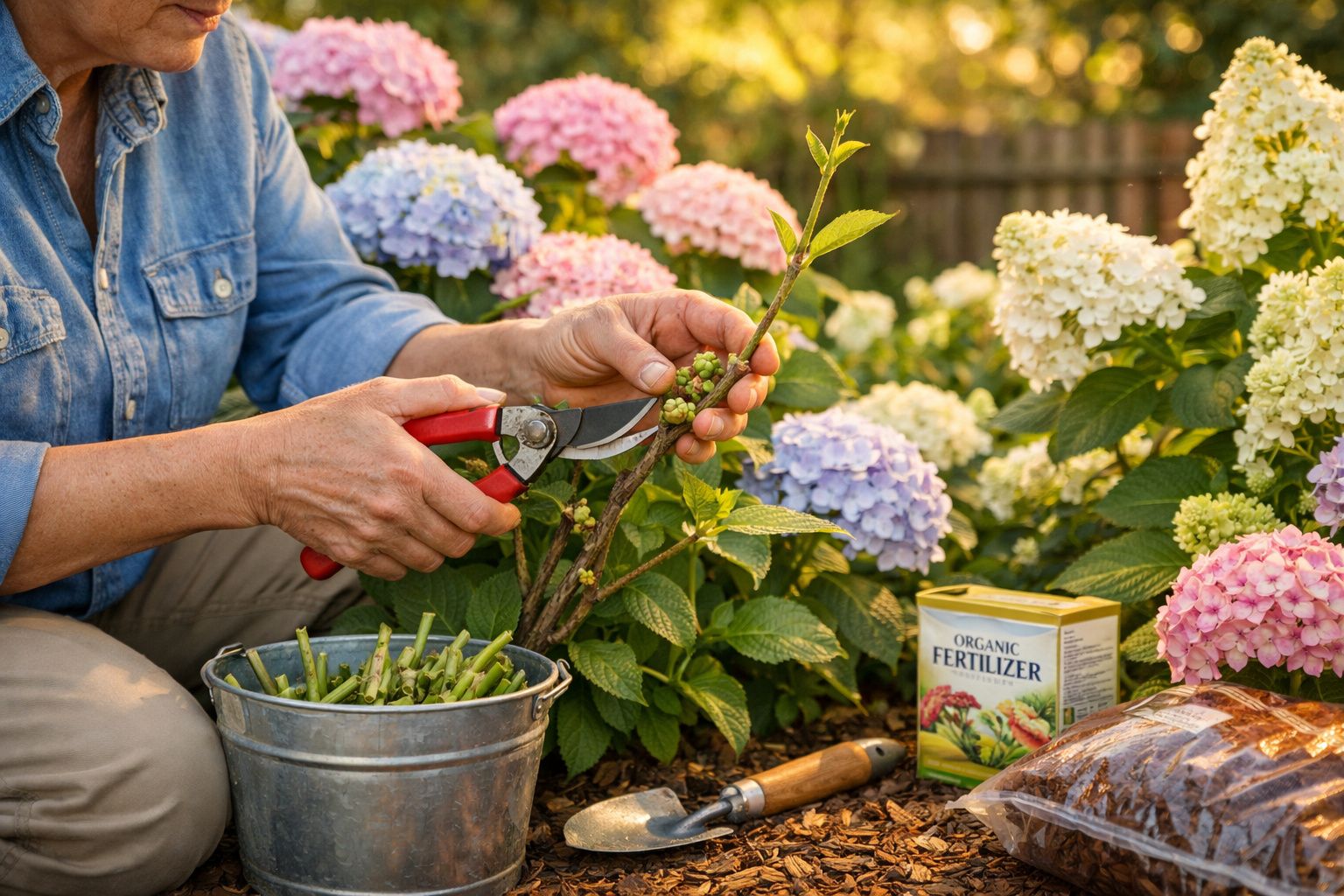 Pessoa a podar ramos de planta com tesoura de jardinagem num jardim florido com flores coloridas e adubo orgânico.