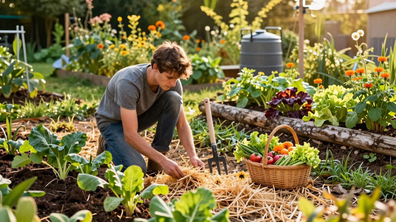 Jovem a tratar de uma horta em casa, rodeado de plantas e cesto com legumes e verduras frescas.