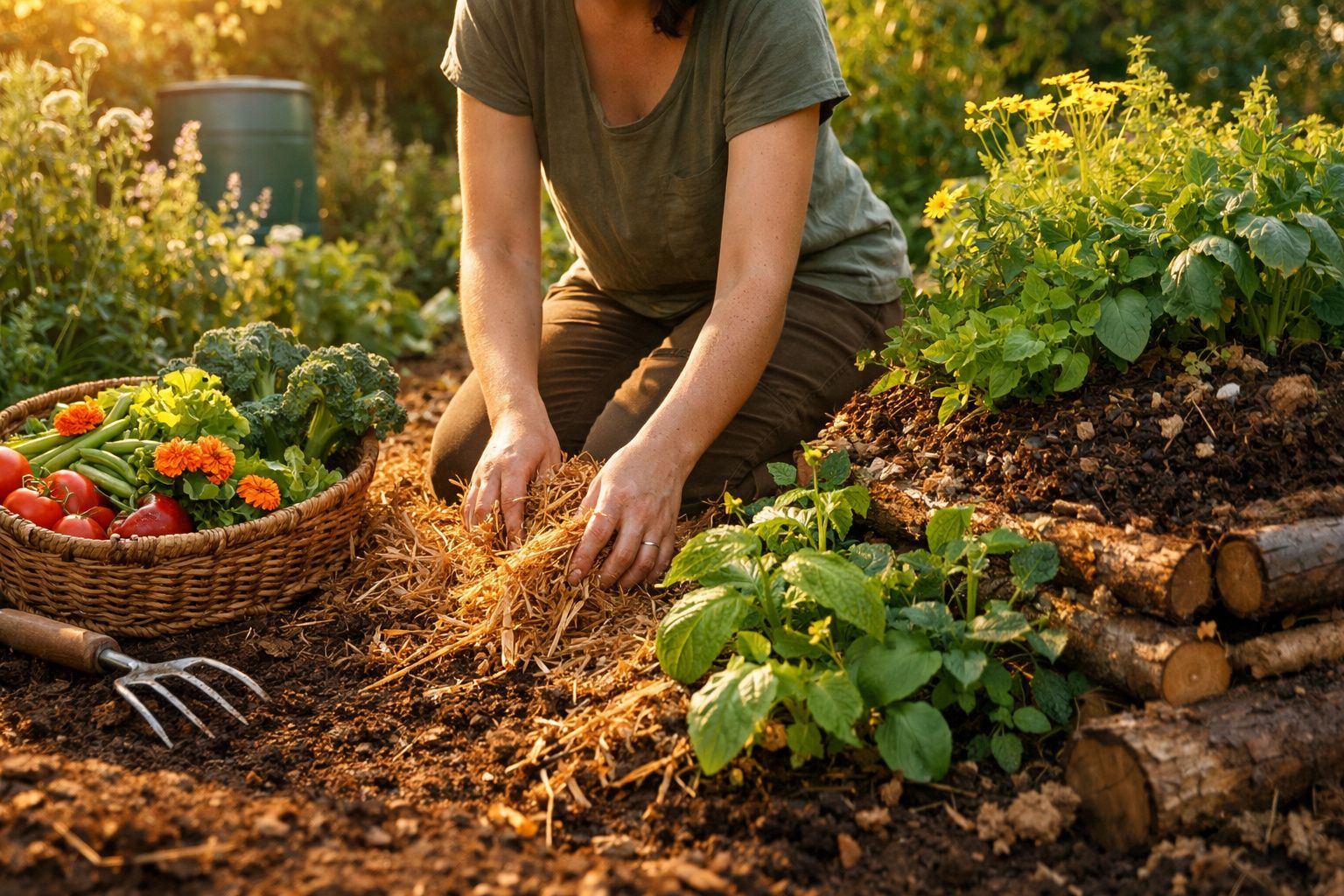 Pessoa a cuidar do solo num jardim com legumes, flores e uma cesta de colheita fresca ao lado.
