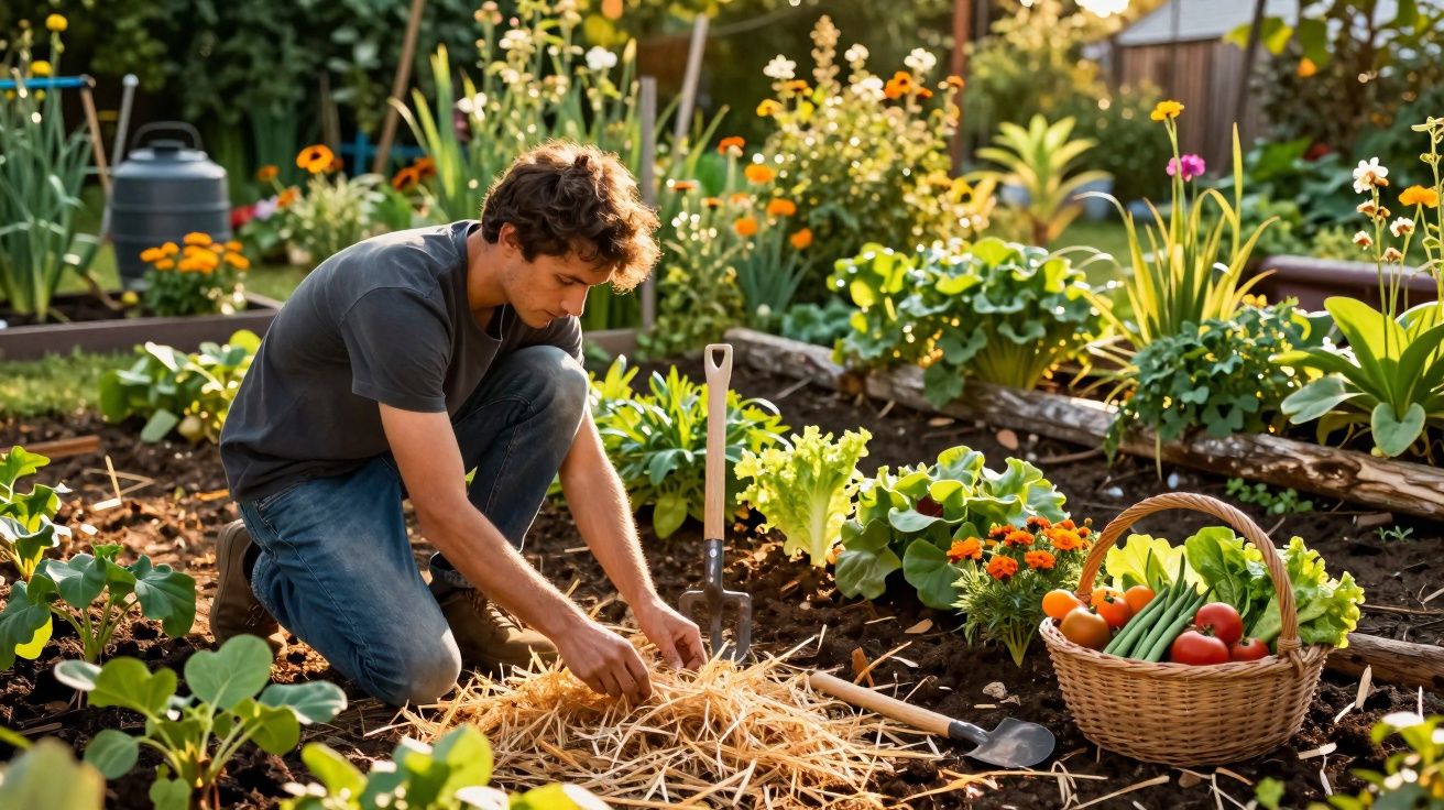 Homem a cuidar de horta com legumes e flores, rodeado de ferramentas de jardinagem ao pôr do sol.