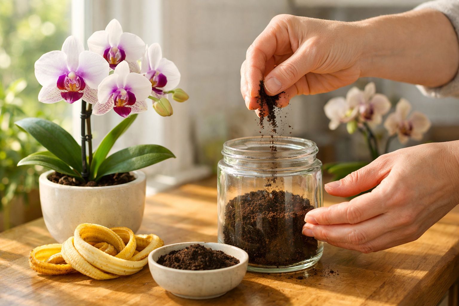 Mãos a colocar terra num frasco, com orquídeas floridas e cascas de banana ao lado numa mesa de madeira.