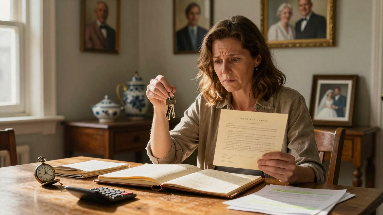 Mulher preocupada sentada à mesa com papéis, chaves na mão e calculadora num ambiente doméstico.