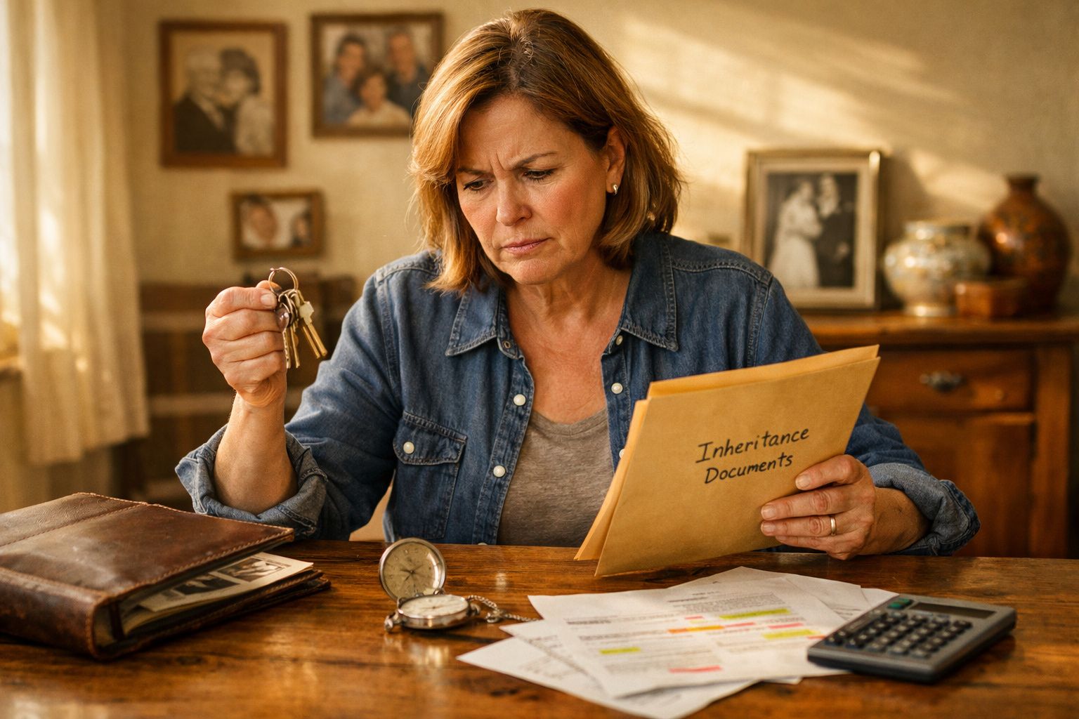 Mulher preocupada lê documentos de herança segurando chaves, sentada numa mesa com objetos pessoais e calculadora.