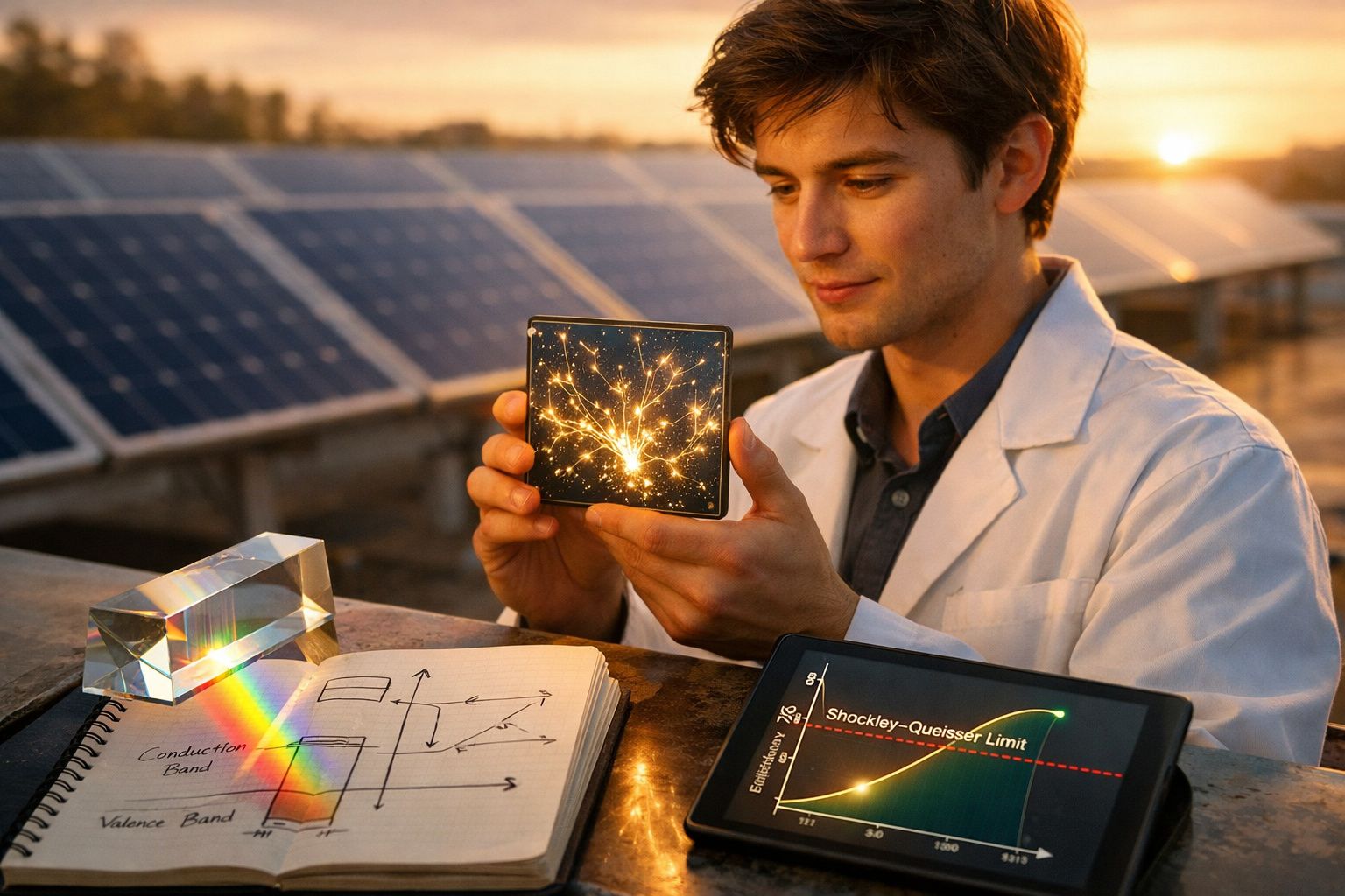 Jovem cientista observa amostra luminosa junto a painéis solares e caderno com gráficos ao pôr do sol.