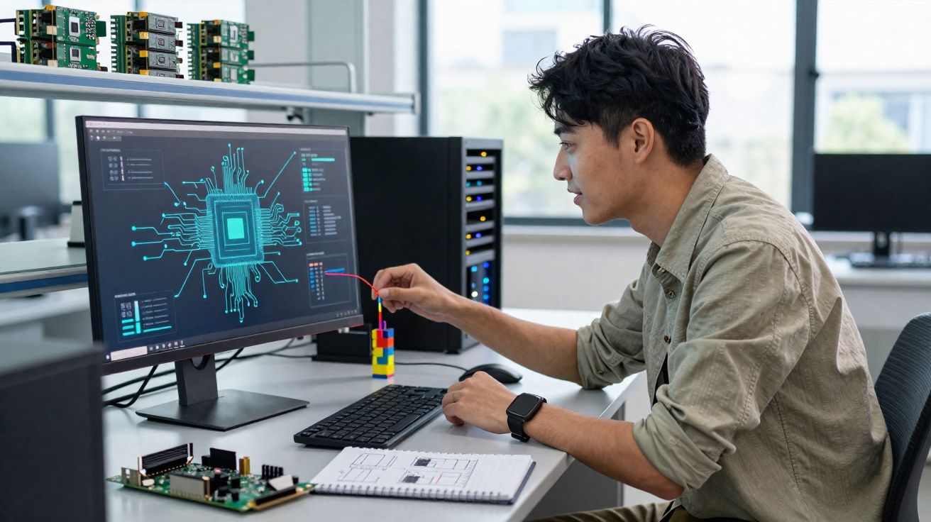 Homem jovem a trabalhar no design de um circuito eletrônico num computador, num escritório tecnológico moderno.