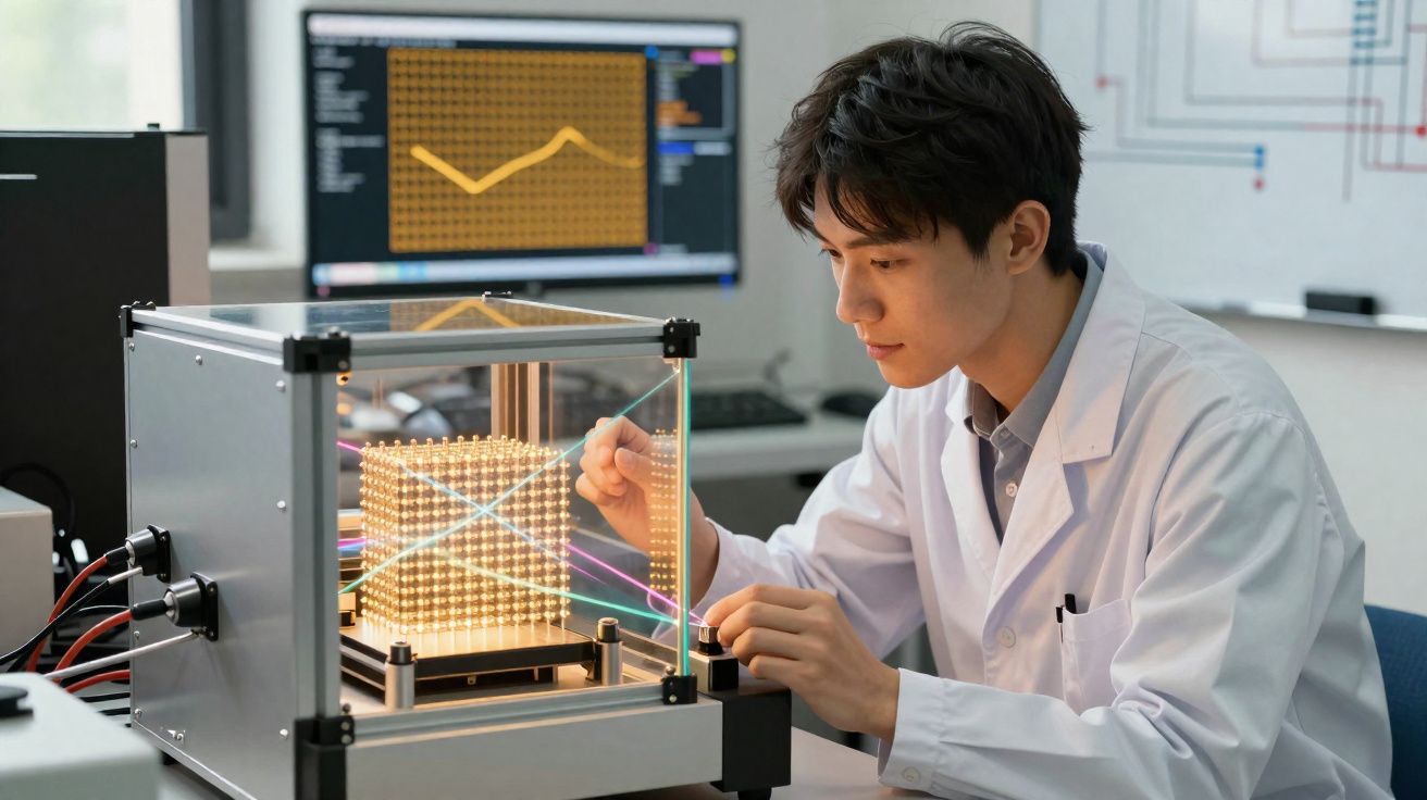 Cientista em bata branca ajusta dispositivo luminoso cúbico num laboratório com gráficos no ecrã ao fundo.