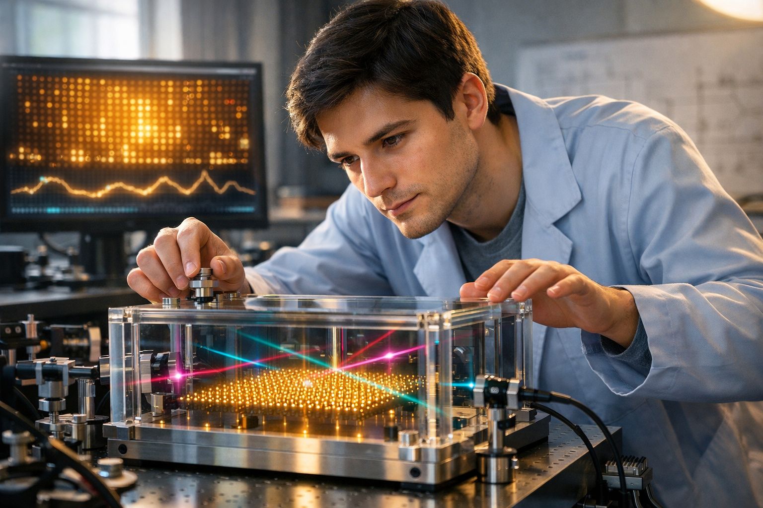 Homem a trabalhar com equipamento tecnológico de luzes coloridas num laboratório moderno.