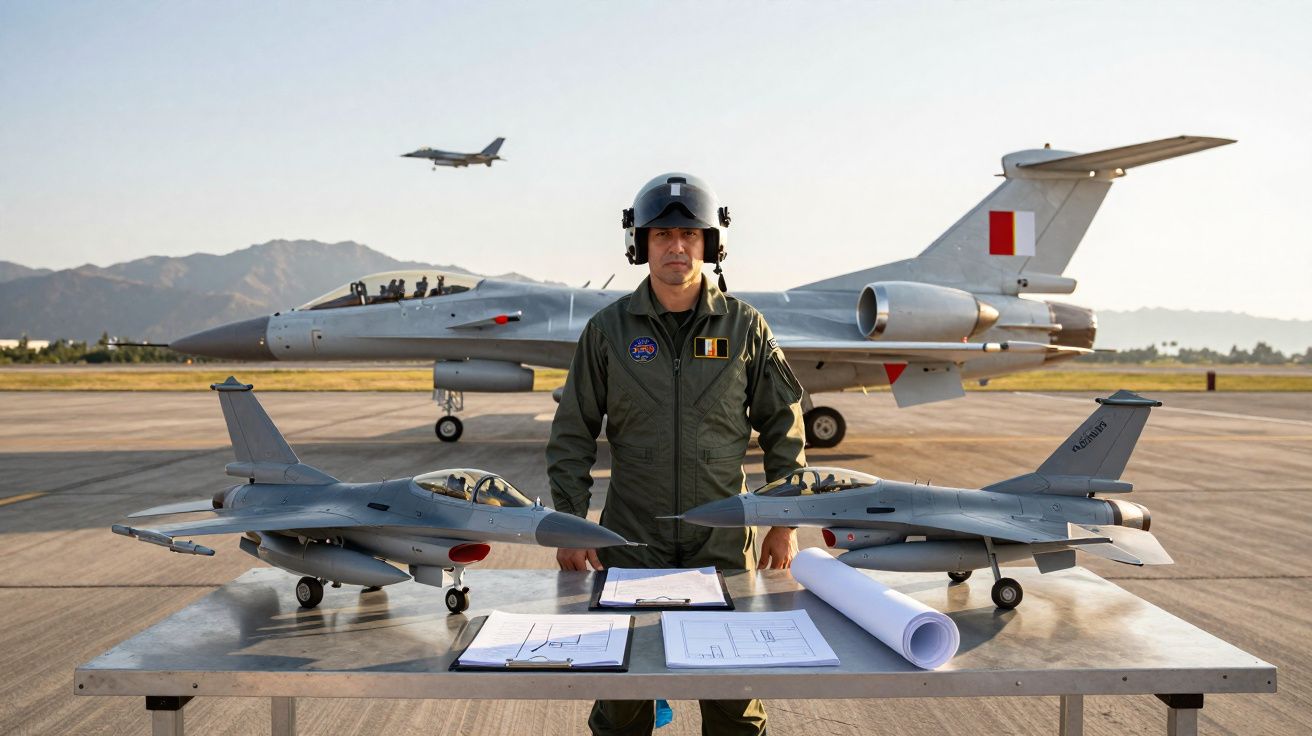 Piloto militar com capacete ao lado de maquetes de aviões de combate e jato militar na pista de um aeródromo.
