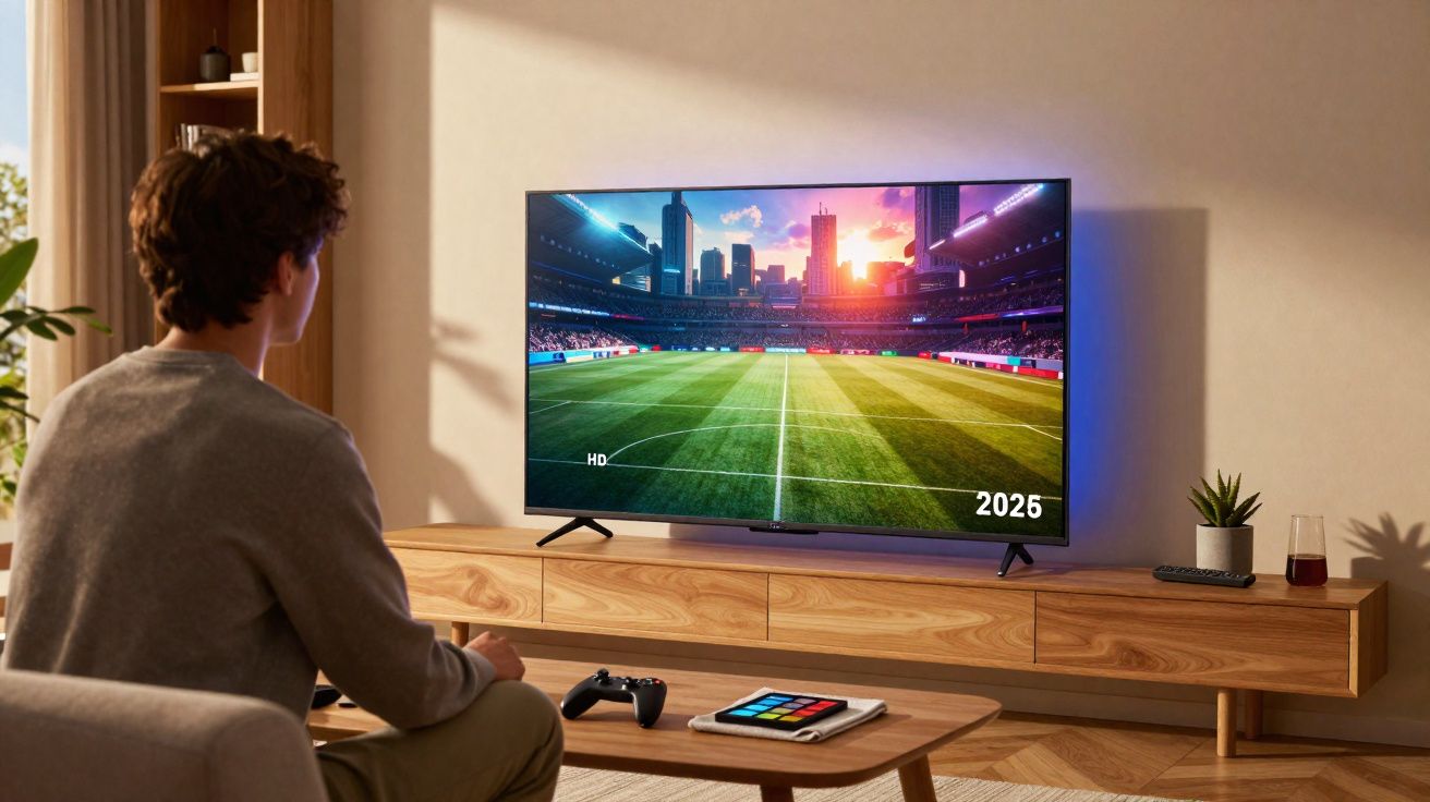 Homem sentado a jogar videojogos de futebol numa televisão grande numa sala acolhedora.