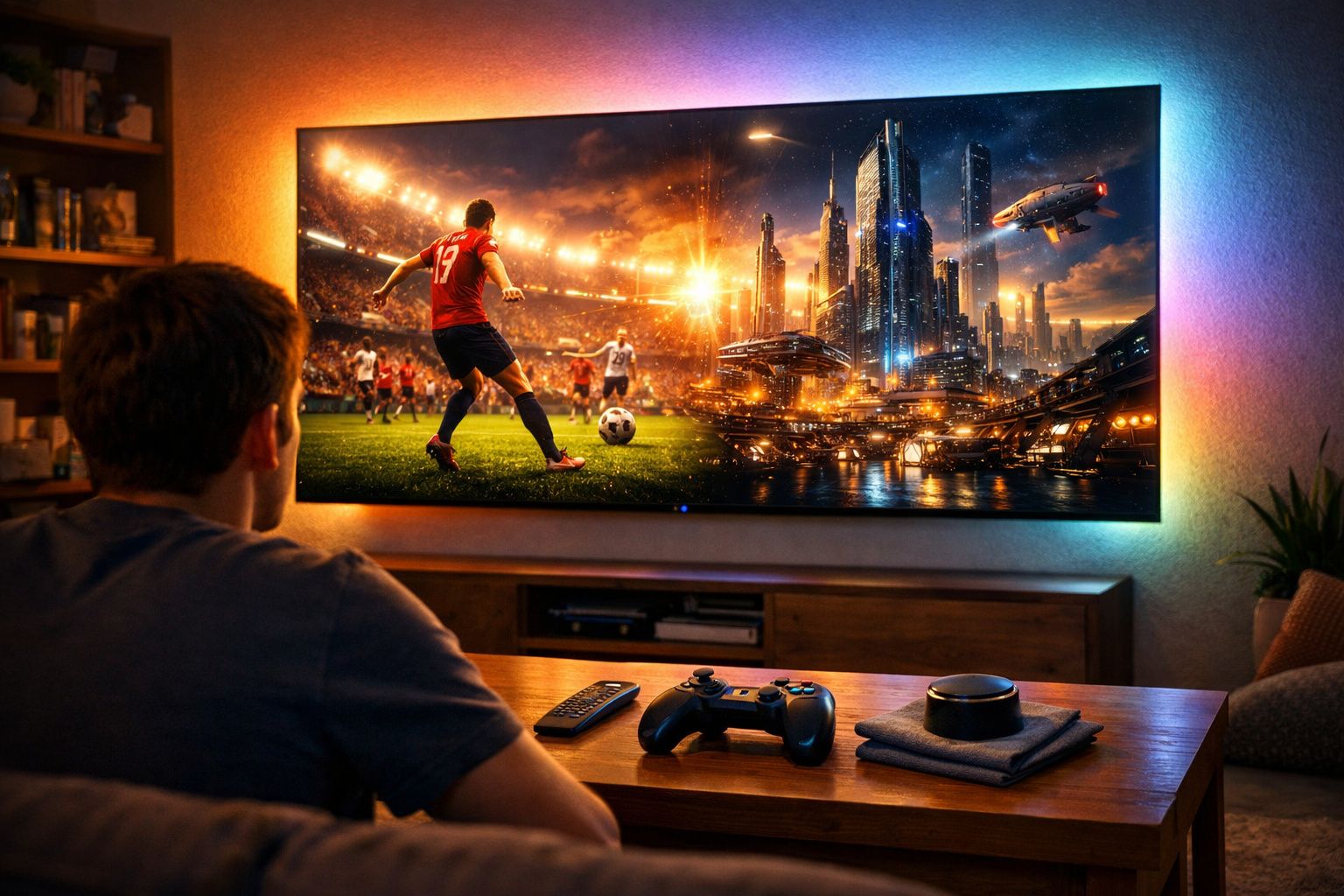 Pessoa a jogar videojogos de futebol com cenário futurista num ecrã grande com iluminação ambiente colorida.