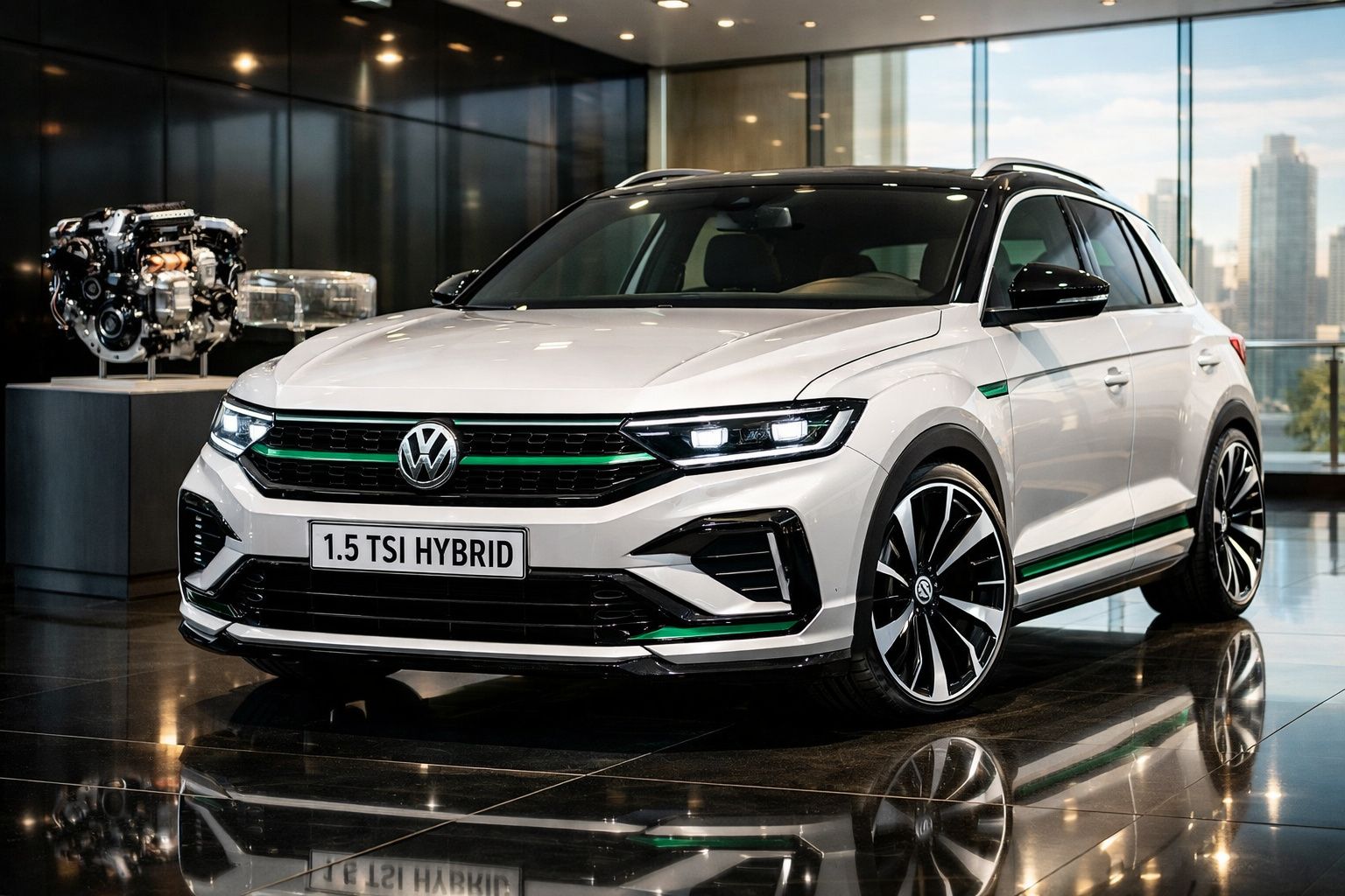 Automóvel Volkswagen branco 1.5 TSI Hybrid estacionado em interior moderno com motor exposto ao fundo.