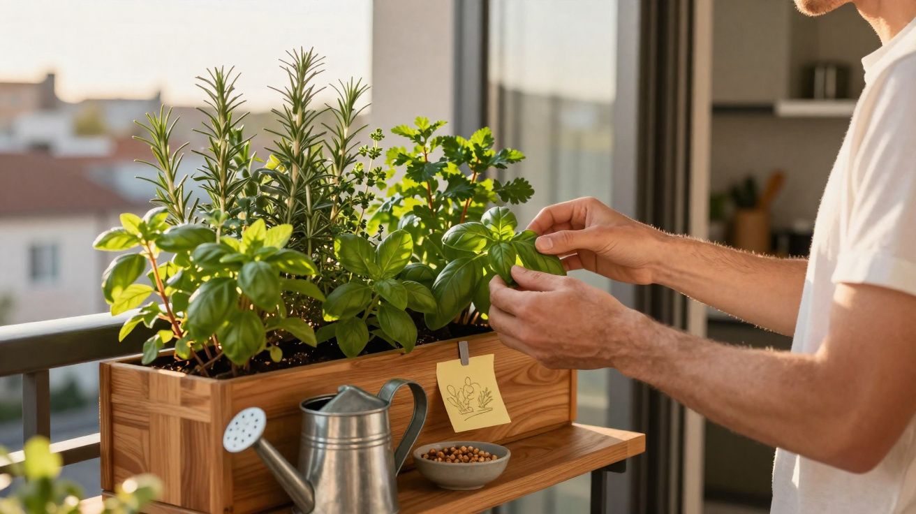 Pessoa a cuidar de ervas aromáticas num vaso de madeira num varandim iluminado pelo sol.