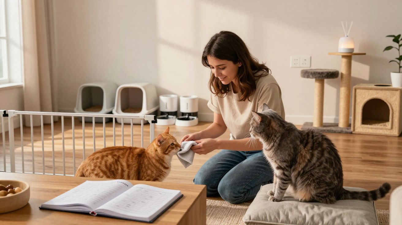 Mulher ajoelhada a limpar focinho de gato ruivo, com outro gato cinza sentado em almofada numa sala iluminada.