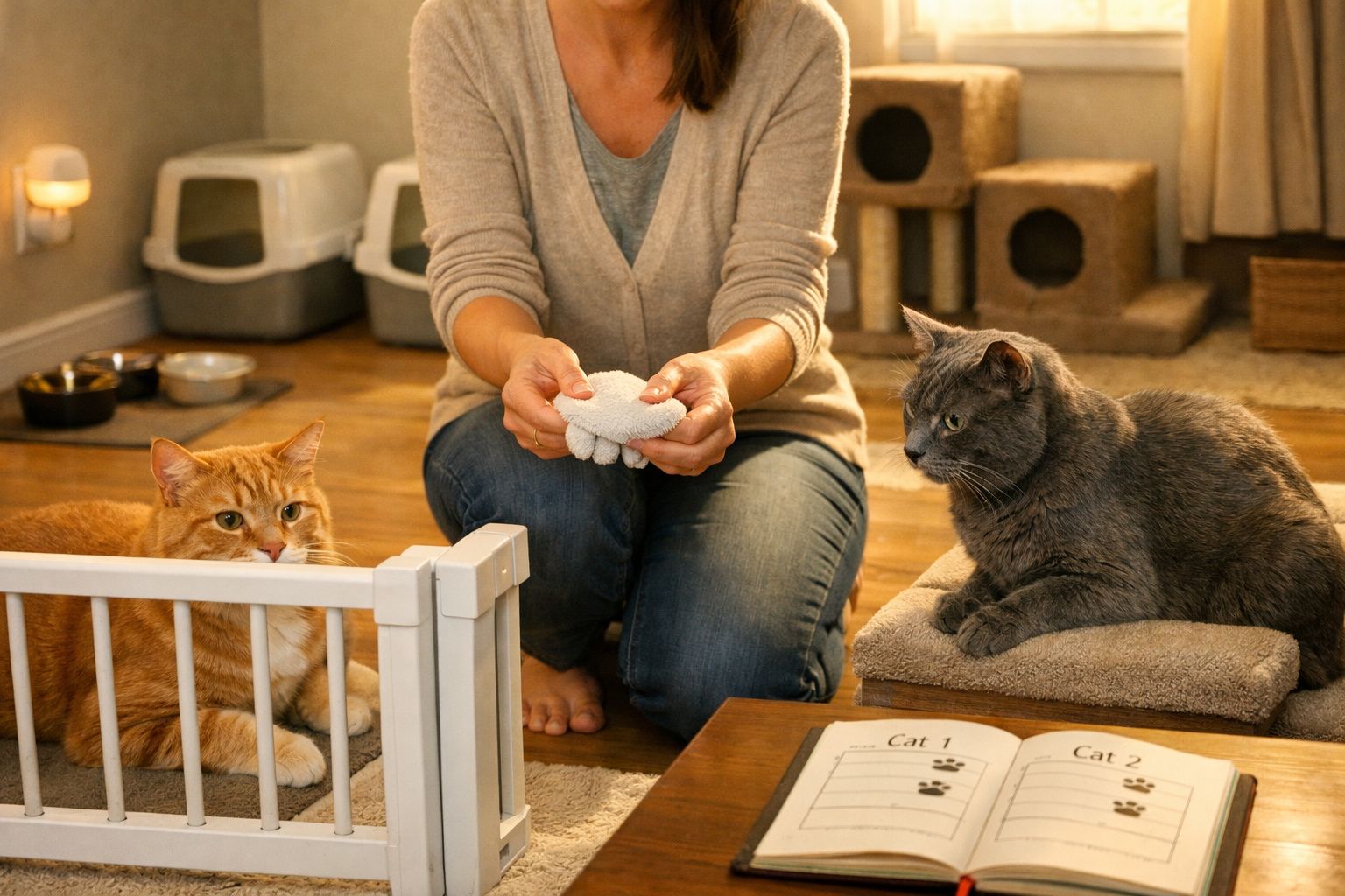 Pessoa a cuidar de dois gatos dentro de casa, com arranhadores e livros sobre gatos ao fundo.