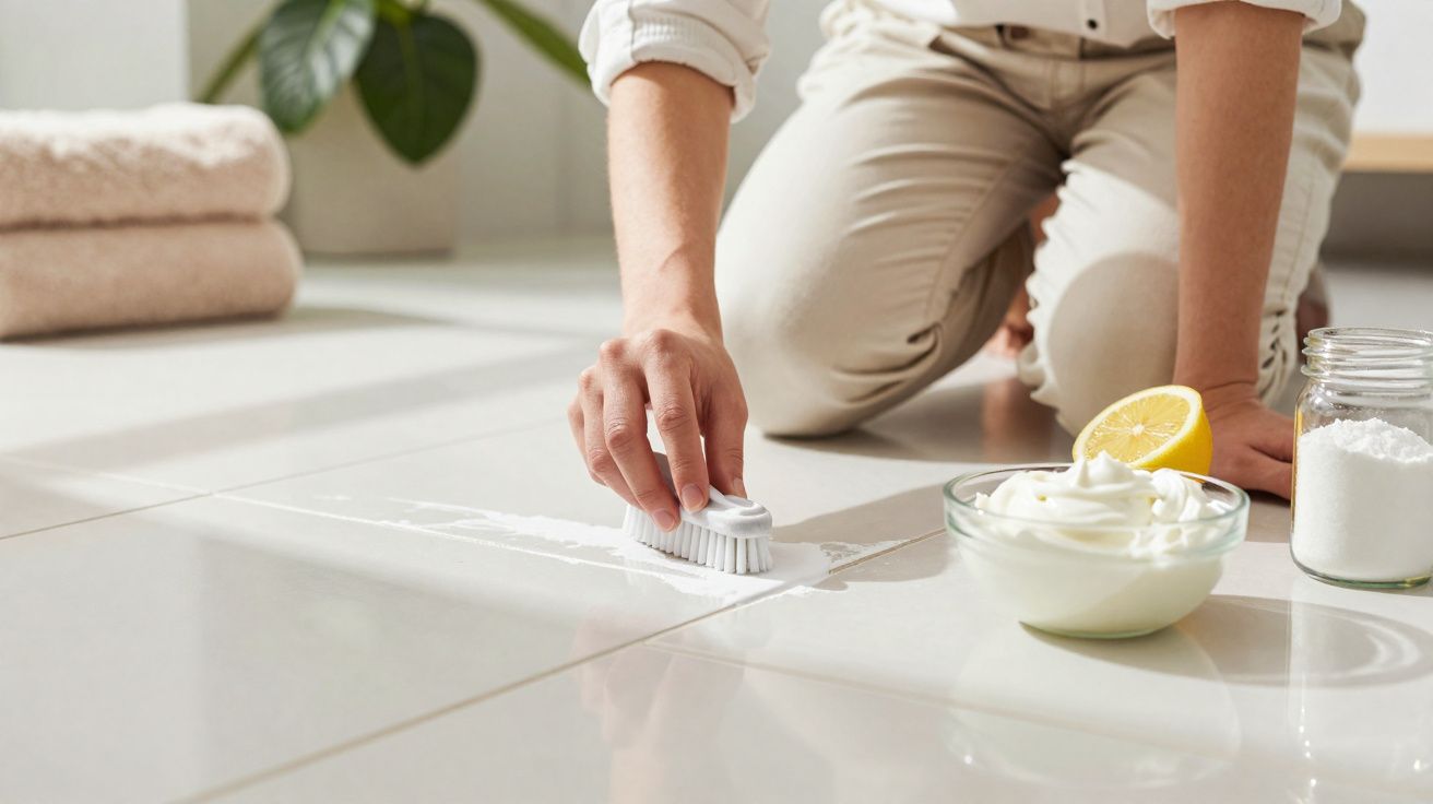 Pessoa a limpar chão de azulejo com escova, usando limão, bicarbonato e creme branco como produtos de limpeza.
