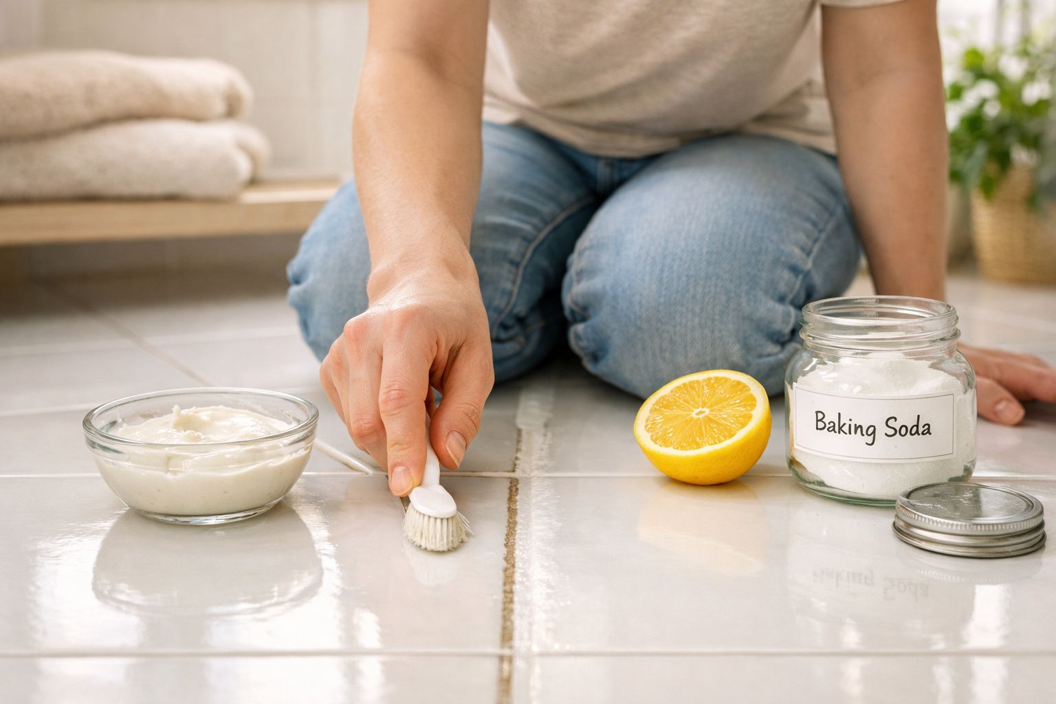 Pessoa a limpar juntas de azulejos com escova, limão, bicarbonato de sódio e pasta de limpeza.