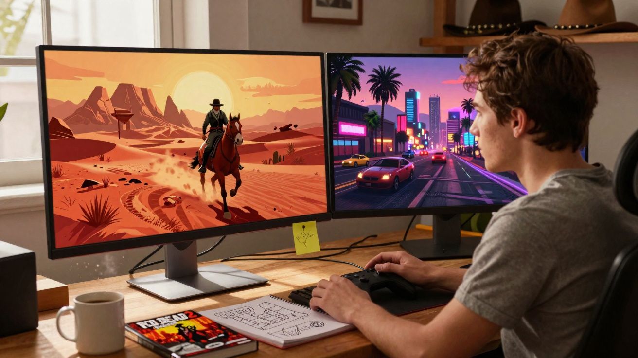 Jovem sentado a jogar videogame em PC com dois ecrãs a mostrar cenas de faroeste e cidade moderna à noite.