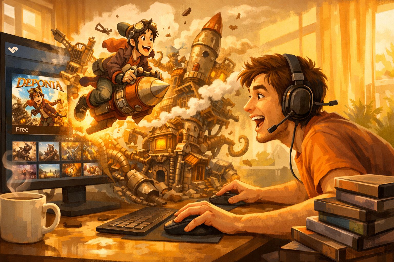 Jovem a jogar videojogo Deponia, com headset, teclado, rato e ecrã, ambiente colorido e animado de fantasia steampunk.