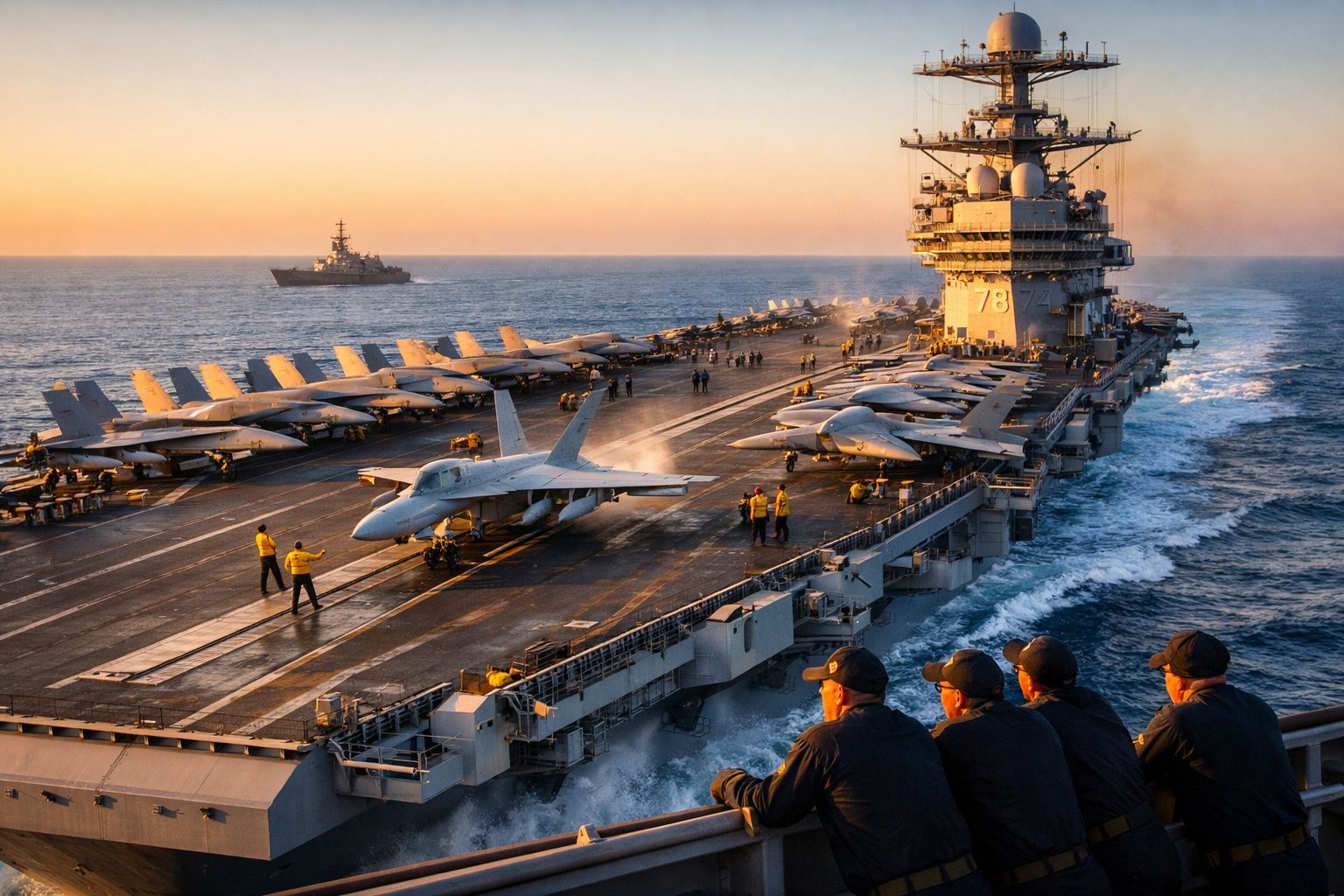 Porta-aviões no mar ao pôr do sol com aviões militares na pista e quatro pessoas a observar.