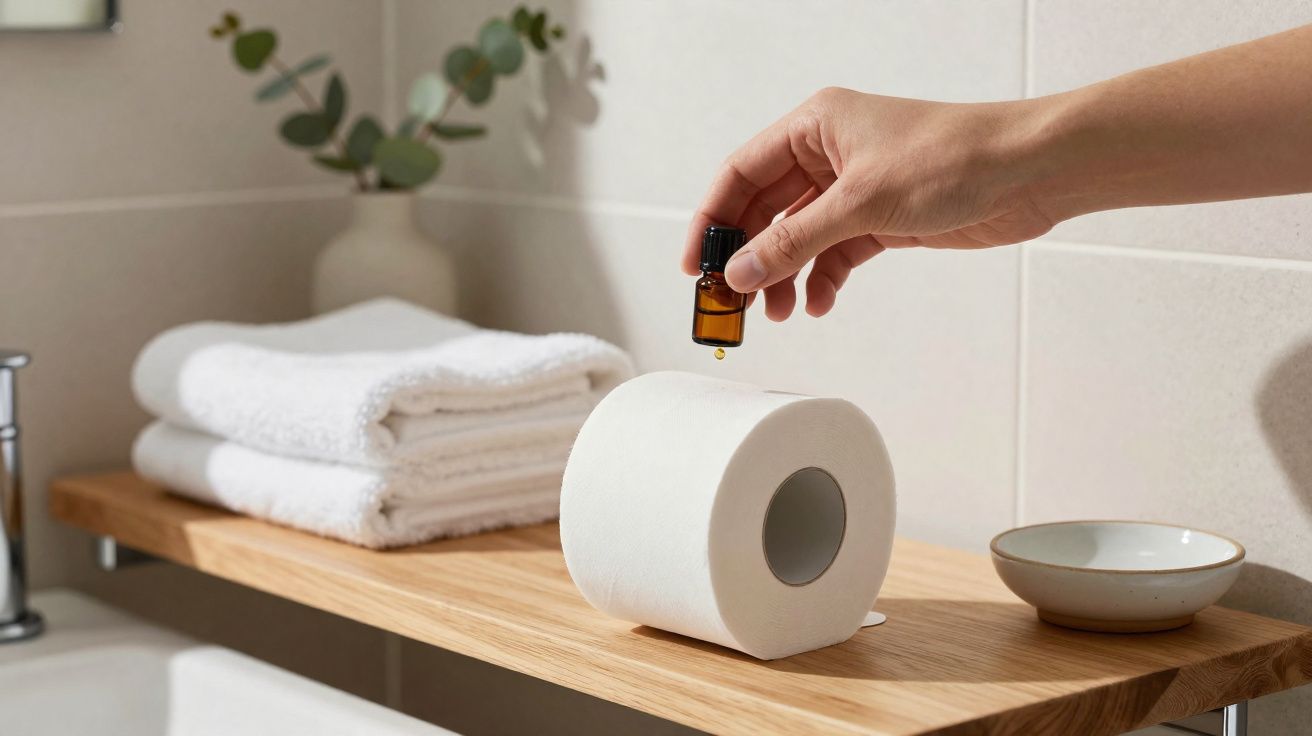 Mão a colocar gotas de óleo essencial num rolo de papel higiénico numa prateleira de madeira com toalhas brancas.