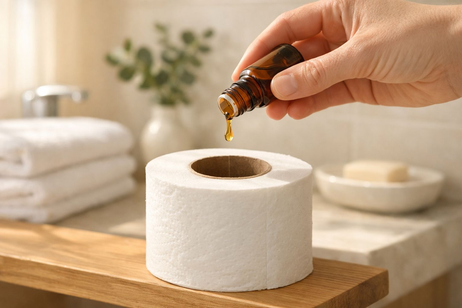 Mão a pingar óleo essencial num rolo de papel higiénico numa casa de banho com toalhas e sabonete ao fundo.