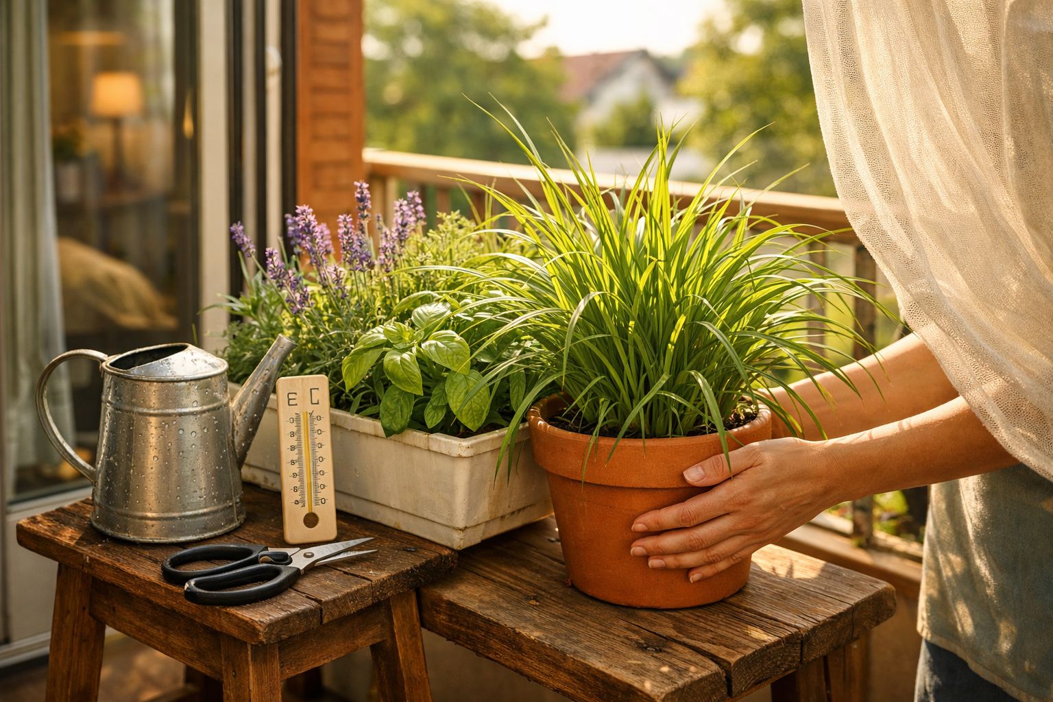 Mãos a cuidar de planta em vaso de barro com regador, termómetro, tesouras e ervas aromáticas numa varanda.