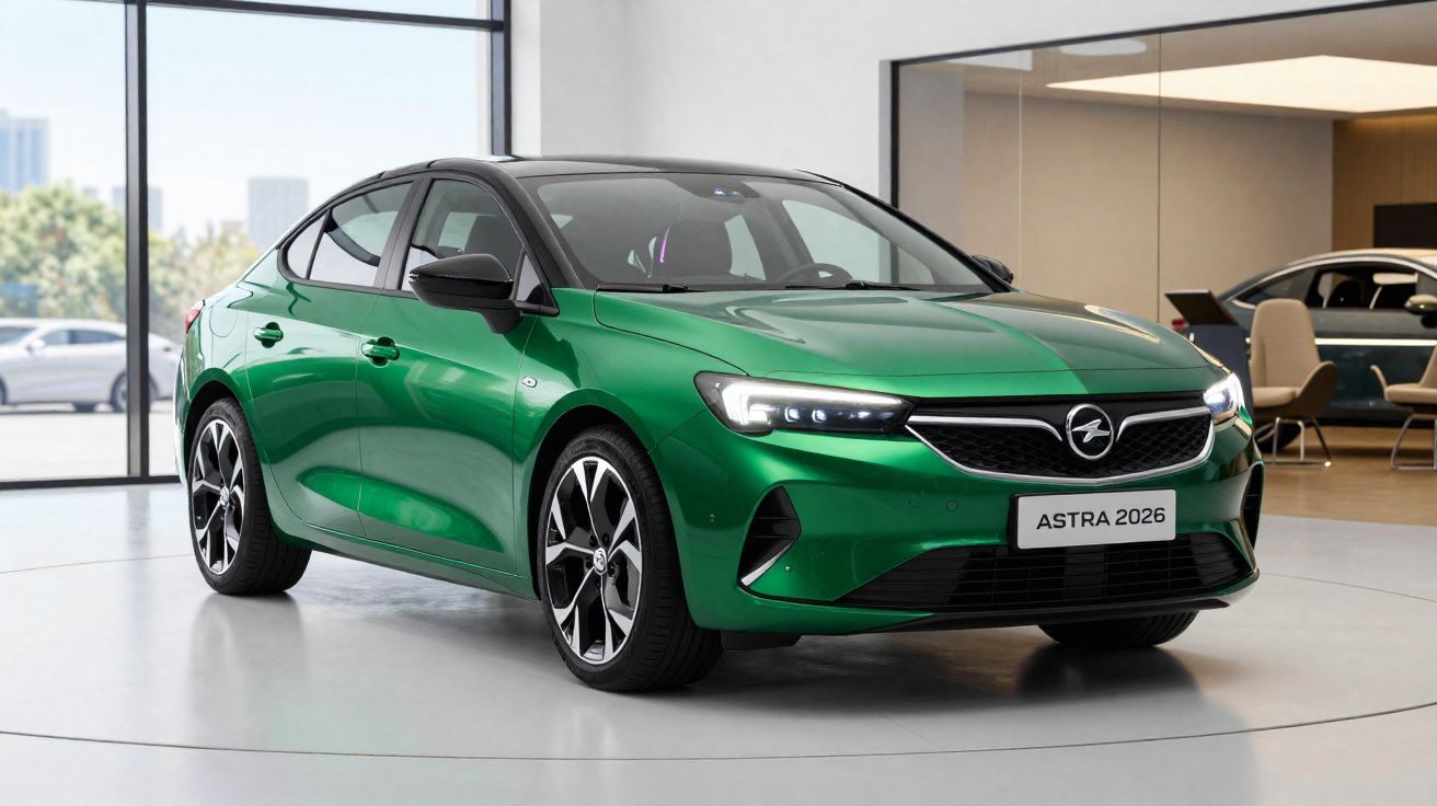 Automóvel verde Opel Astra 2026 estacionado em ambiente interior moderno e luminoso.