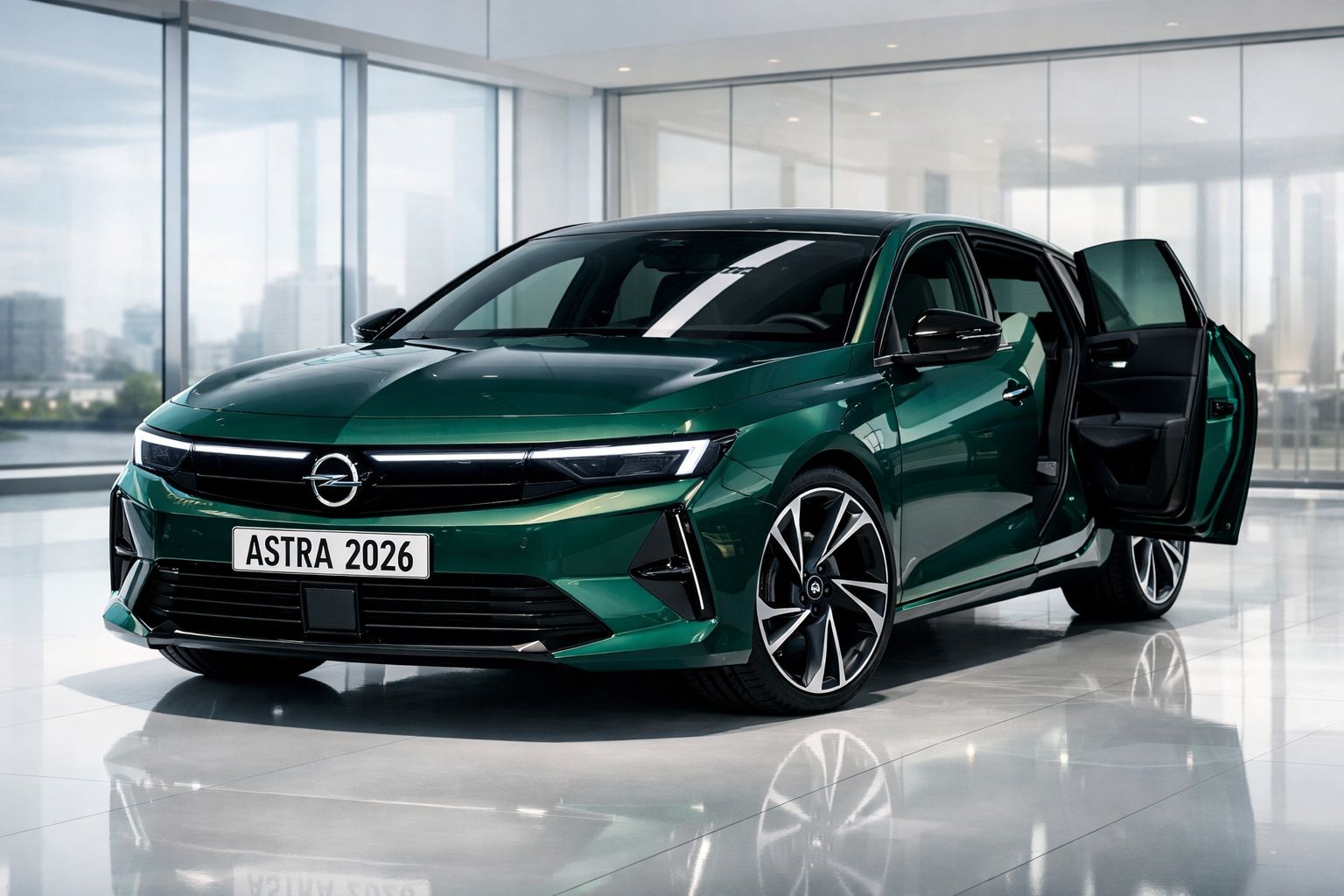 Carro Opel Astra 2026 verde metálico com porta traseira aberta, em showroom moderno e iluminado.