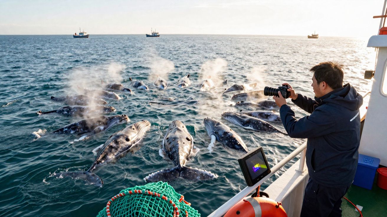 Fotógrafo a bordo de barco a tirar fotos a grupo de baleias a emergir na superfície do mar.