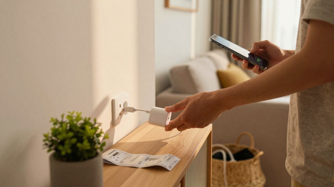 Pessoa a carregar smartphone com carregador ligado a tomada numa sala com planta e móveis.