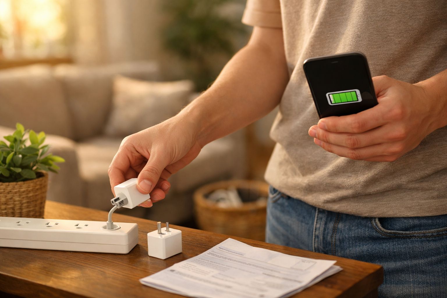 Pessoa a ligar carregador na tomada enquanto segura um telemóvel com bateria carregada.