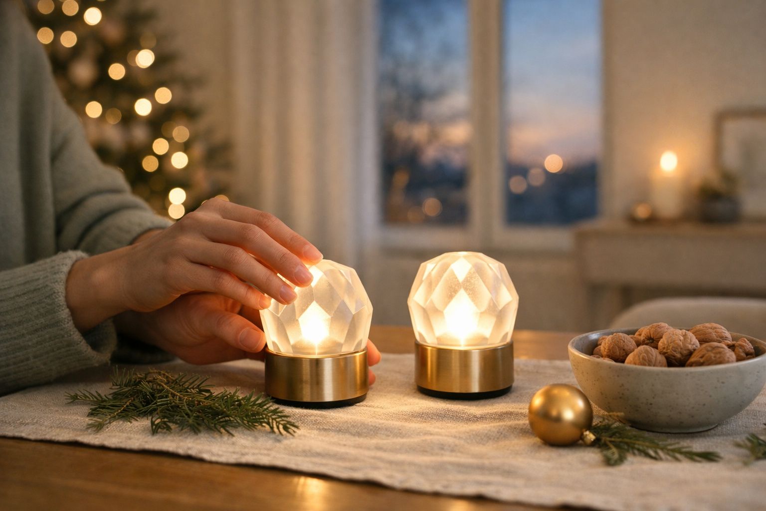 Mãos a acender duas velas decorativas de vidro facetado sobre a mesa com frutos secos e enfeites natalícios.