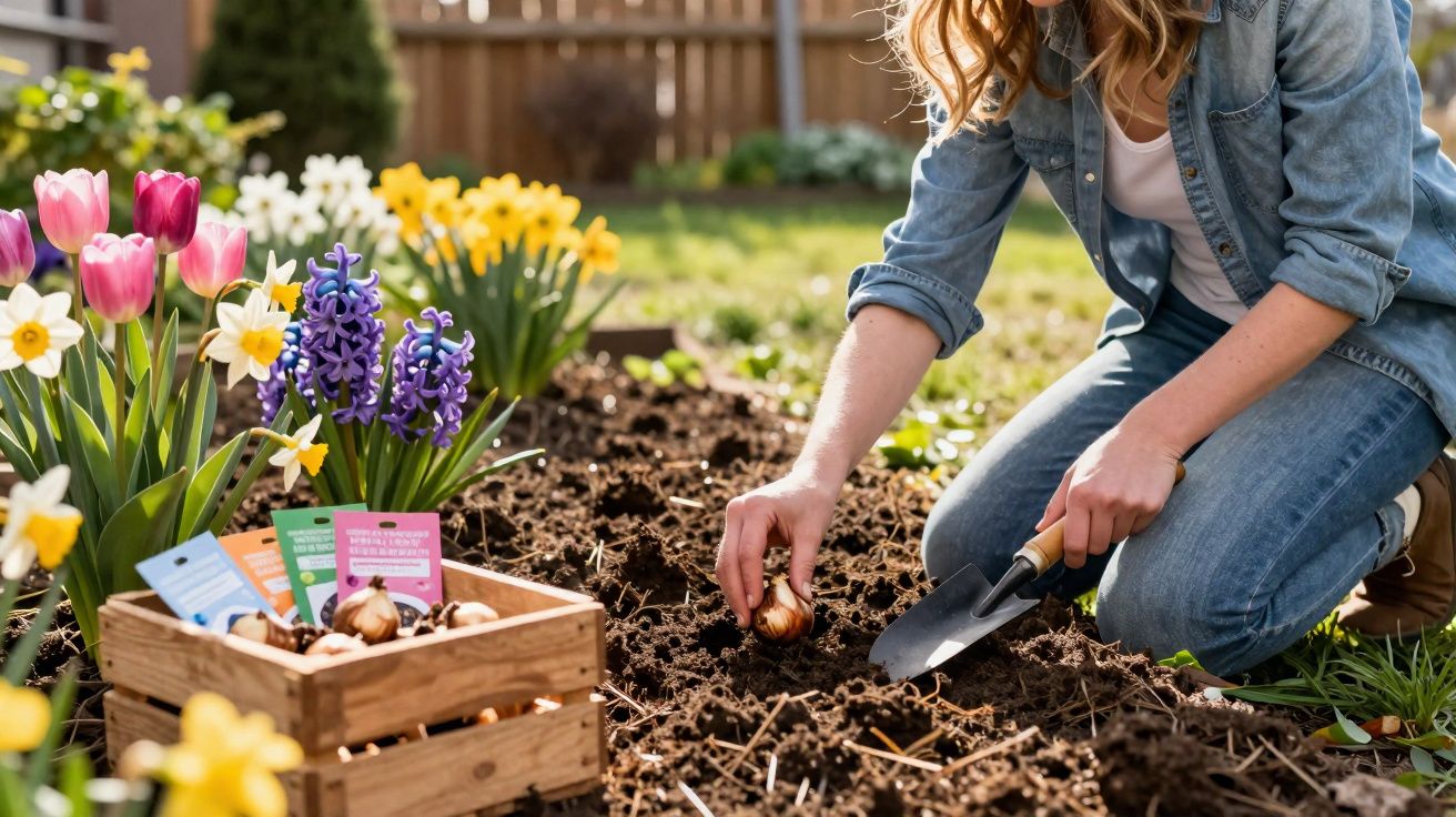 Pessoa a plantar bulbos de flores numa horta com tulipas, narcisos e jacintos ao redor.