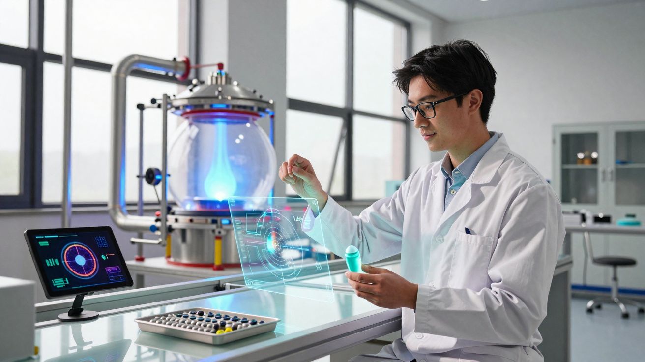 Cientista num laboratório futurista a analisar dados digitais e a segurar um tubo de ensaio iluminado.