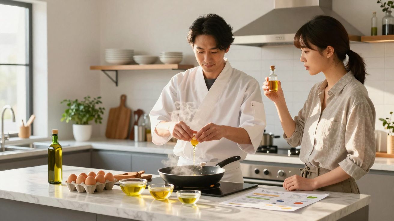 Casal asiático cozinha junto numa cozinha moderna, com homem a partir ovos para frigideira e mulher a segurar garrafa de óleo