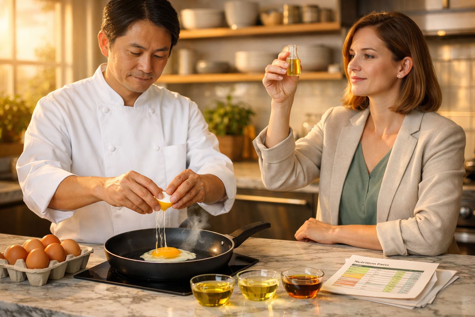 Homem a cozinhar ovo estrelado enquanto mulher avalia óleo numa garrafa pequena numa cozinha moderna.