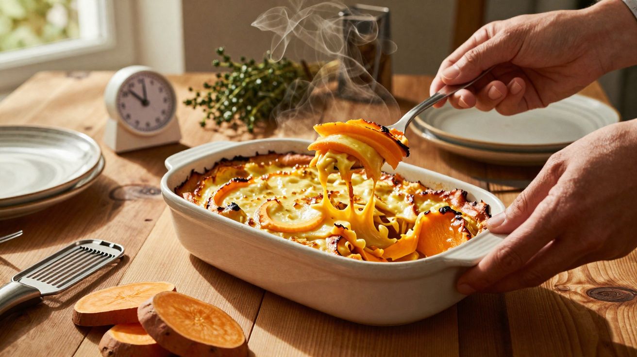 Prato com gratinado de batata-doce e queijo derretido sendo servido numa mesa de madeira.