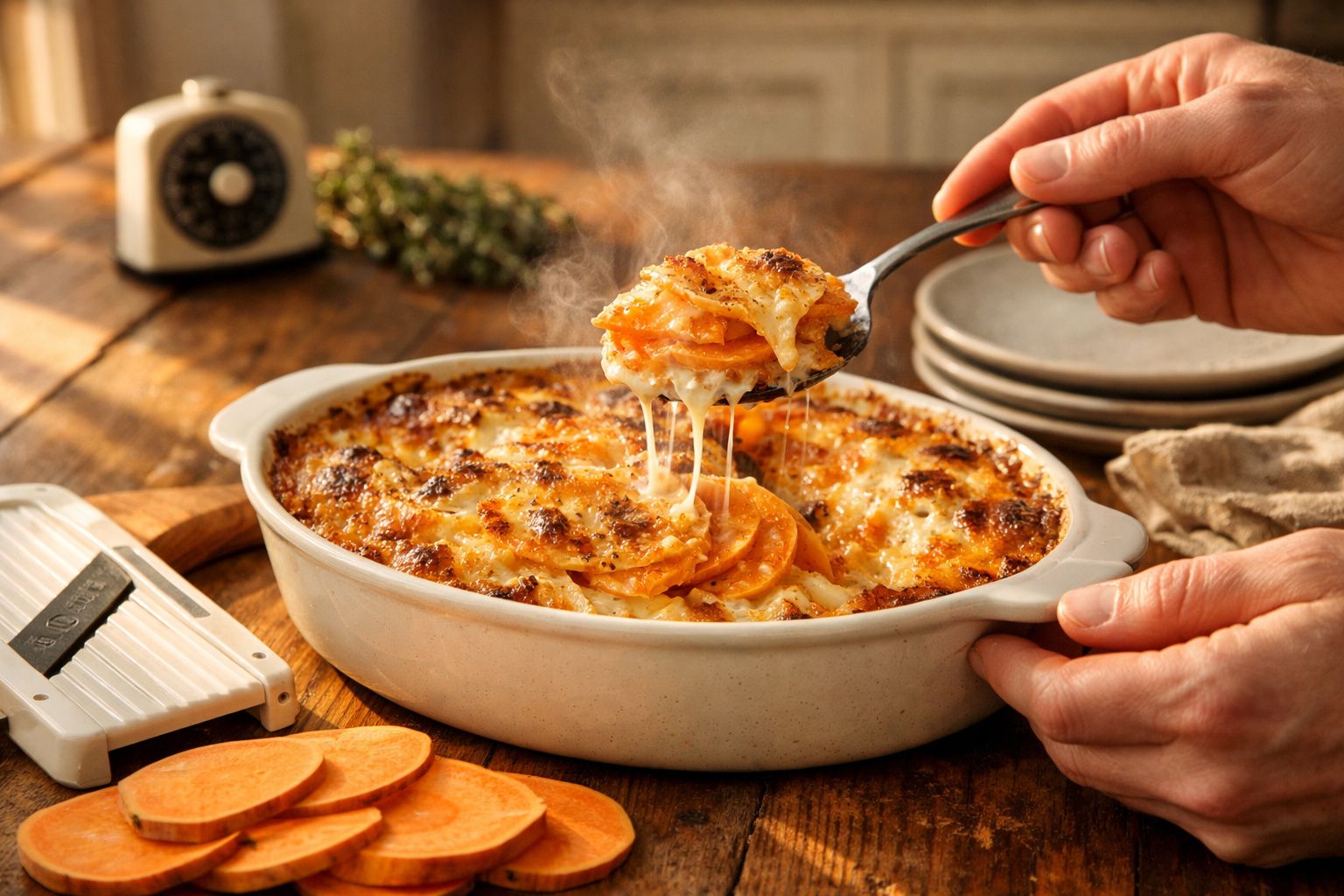 Gratinado cremoso de batata doce com queijo derretido servido numa travessa branca.