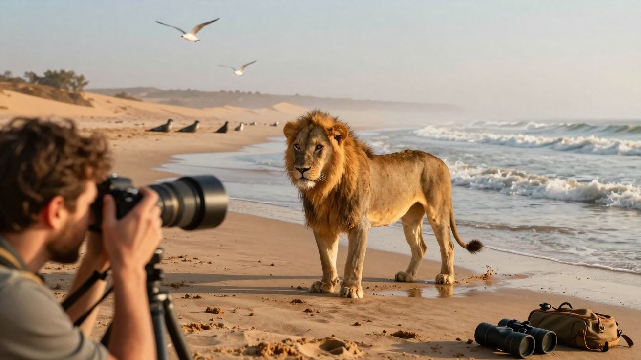 Fotógrafo a tirar foto a um leão na praia com gaivotas a voar e objetos na areia.