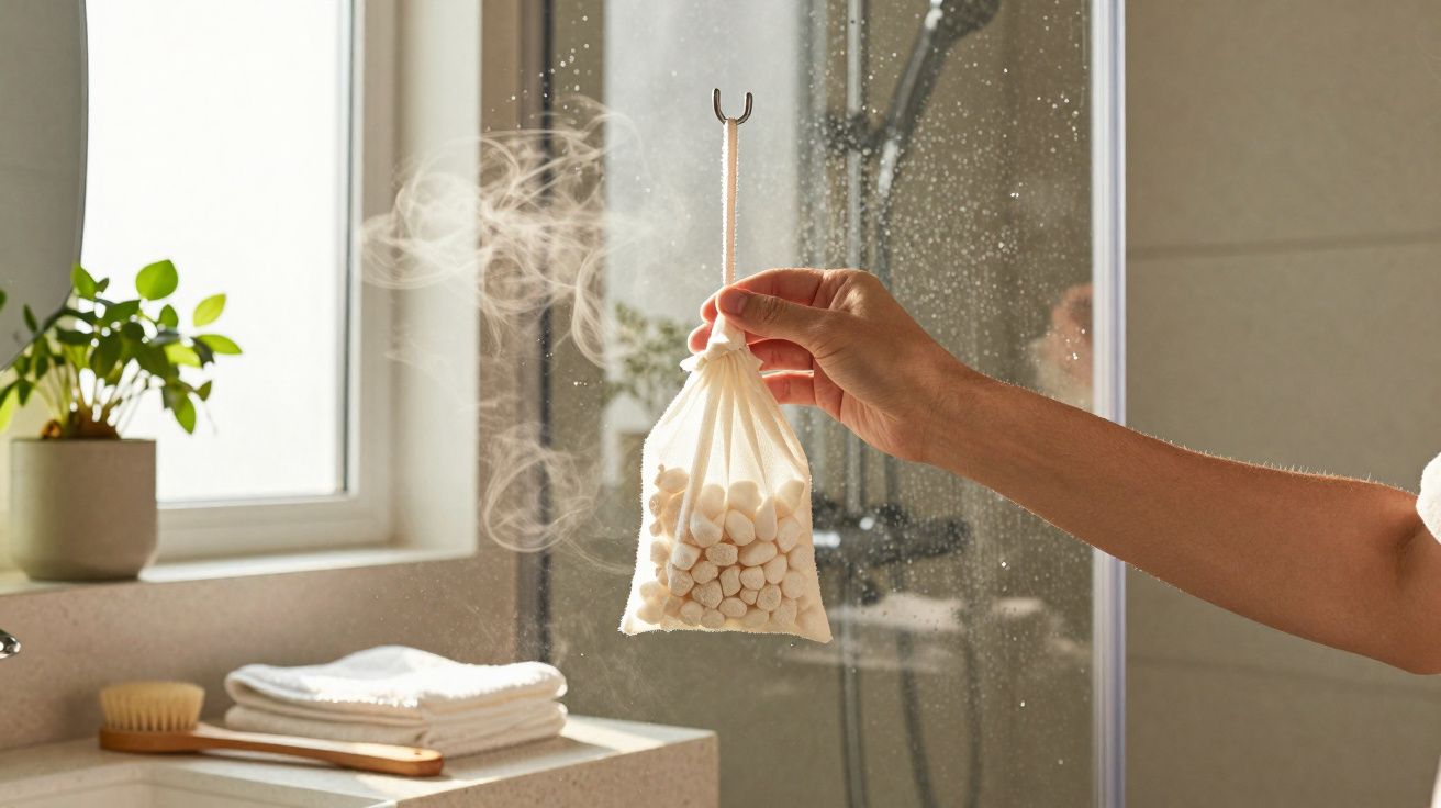 Mão segura saco com bolas brancas num ambiente húmido com vapor, janela e plantas ao fundo.