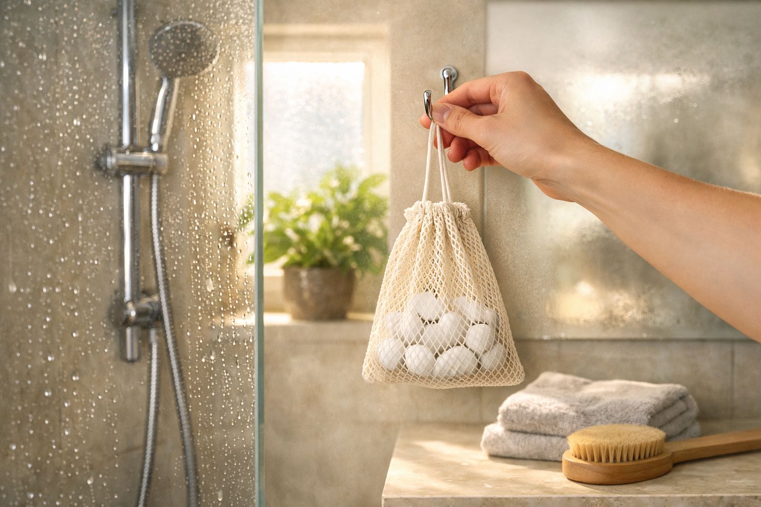 Mão a pendurar saco de rede com bolas de algodão num gancho num banheiro moderno com chuveiro e toalhas.