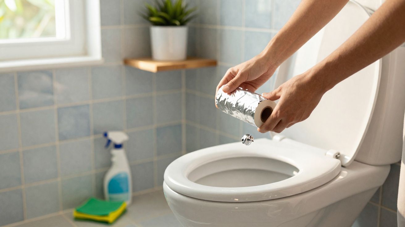 Pessoa a limpar sanita com uma esponja prateada numa casa de banho com azulejos azuis.