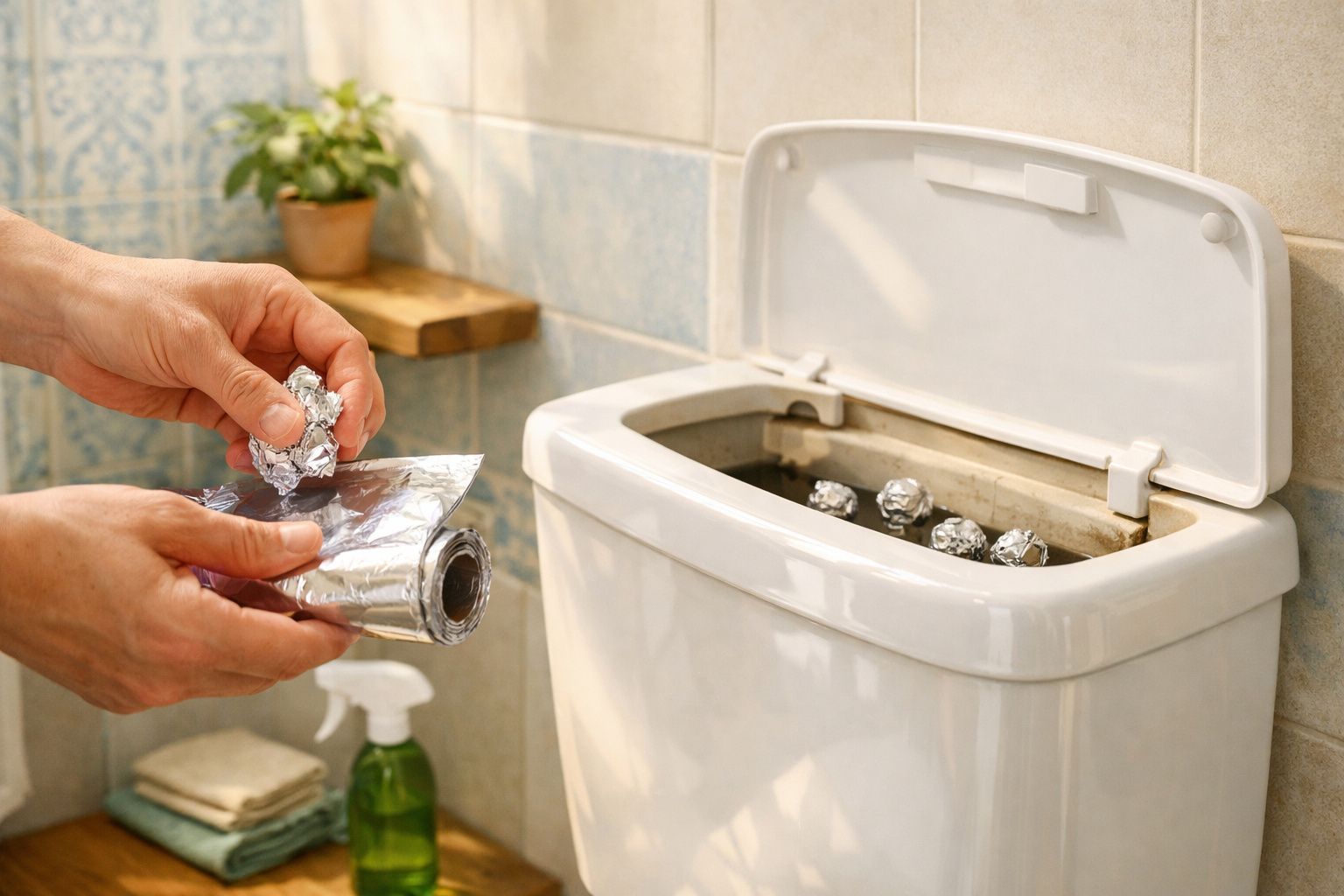 Mãos depositam bolas de papel alumínio no depósito de água de uma sanita branca.