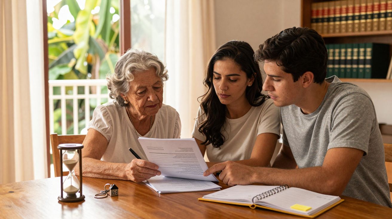 Três pessoas sentadas à mesa analisam documentos, com ampulheta e chave junto a elas.