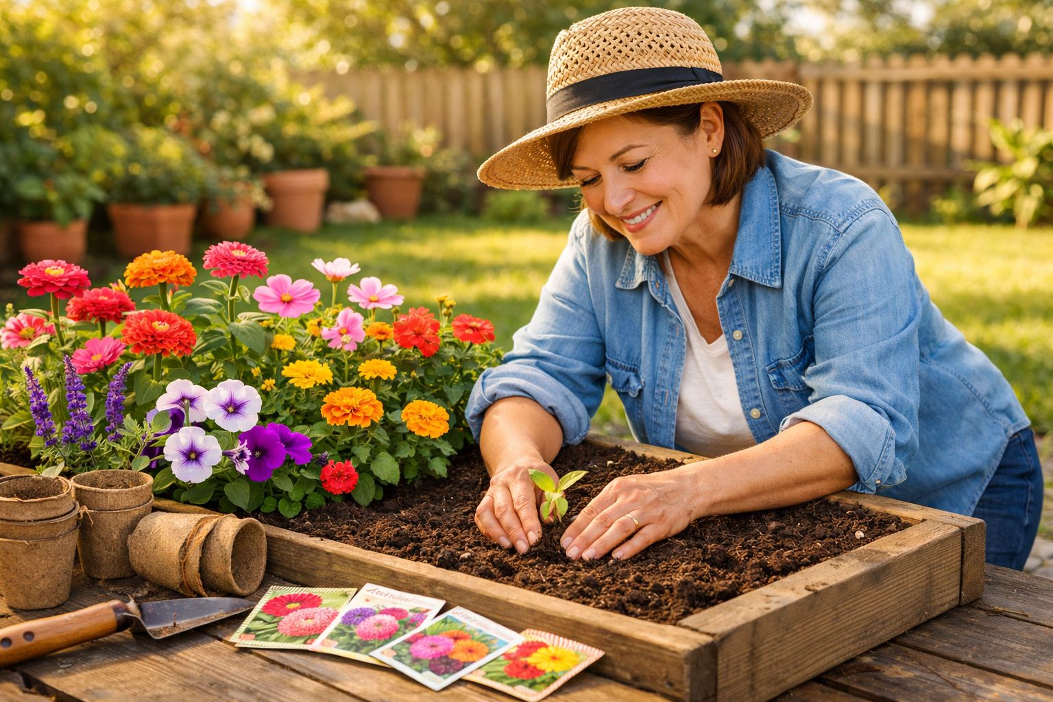 Mulher a plantar muda numa caixa de madeira no jardim, rodeada de flores coloridas e ferramentas de jardinagem.