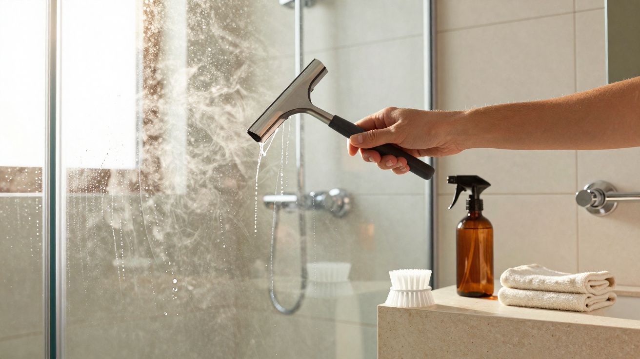 Mão a limpar vapor e gotas de água de vidro na casa de banho com um limpa-vidros de goma.